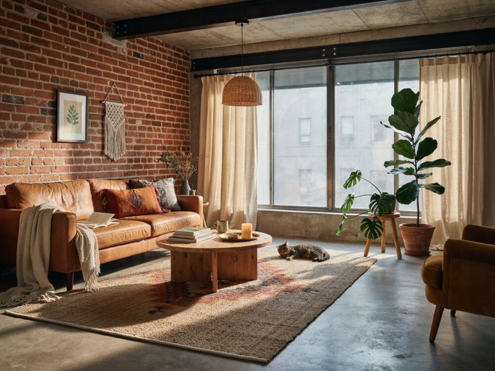 lampa industrialna i tekstylia boho