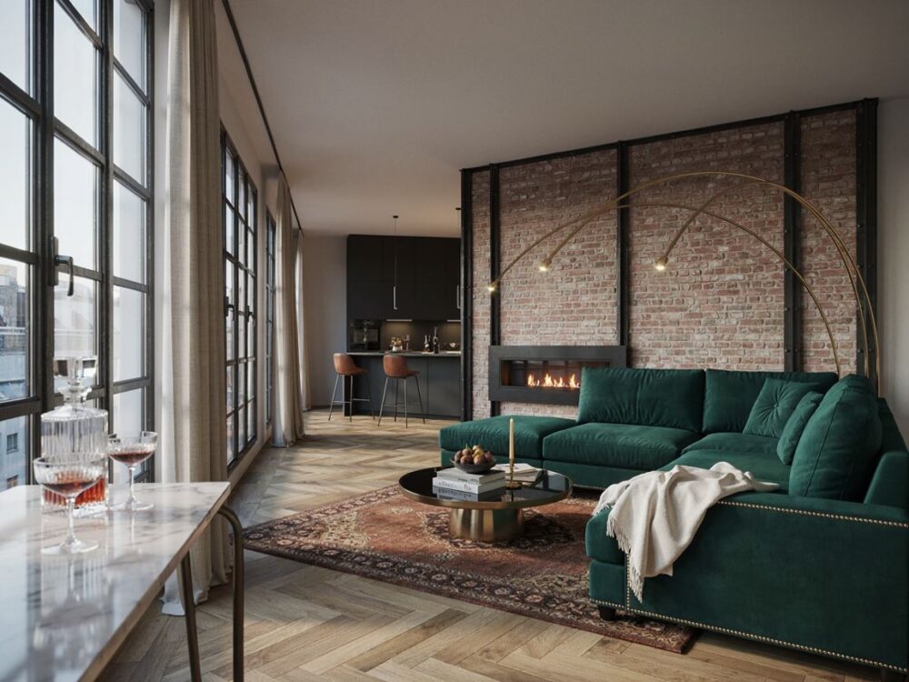 świetlisty salon w stylu loftowym